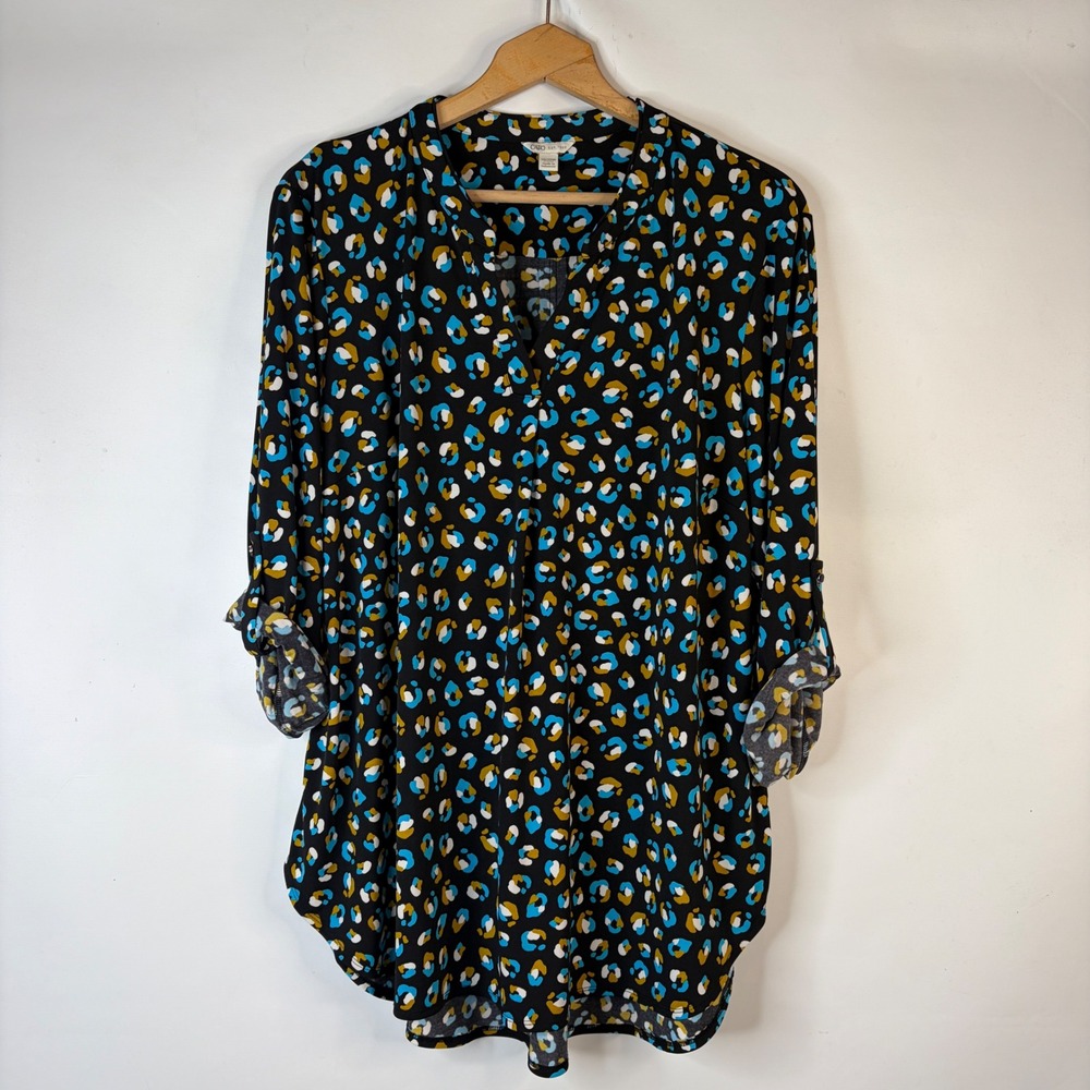 Cato Popover Blouse Women 18/20W Black Blue Yellow Abstract Leopard Roll-Tab